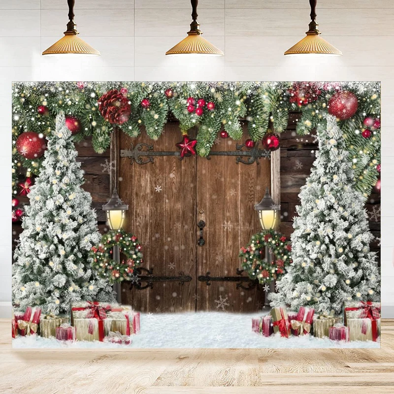 

Winter Christmas Photography Backdrop Rustic Barn Wood Door Poster Xmas Tree Snow Kids Family Banner Party Decoration Background