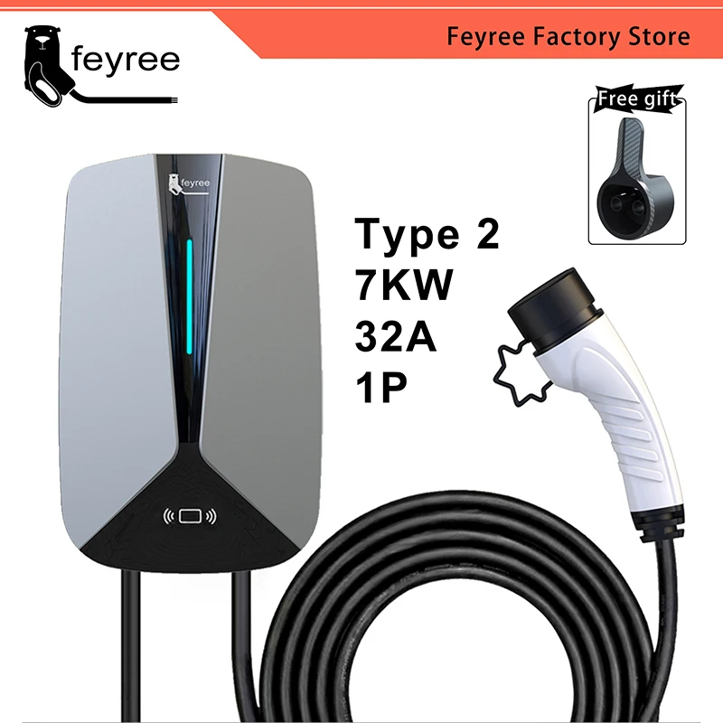 feyree EV Charger Type2 32A 7.6KW 1Phase EVSE Wallbox RFID Cards Version 5m Cable Charging Station for Electric Vehicle Car