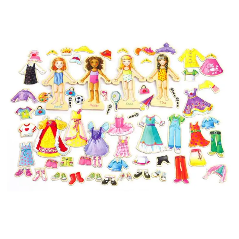 Magnetic Dress Up Princess Gifts For 3-8-Year-Old Girls 63Pcs Magnetic Dress-Up Wooden Doll Pretend Play Set With 4 Wooden Doll