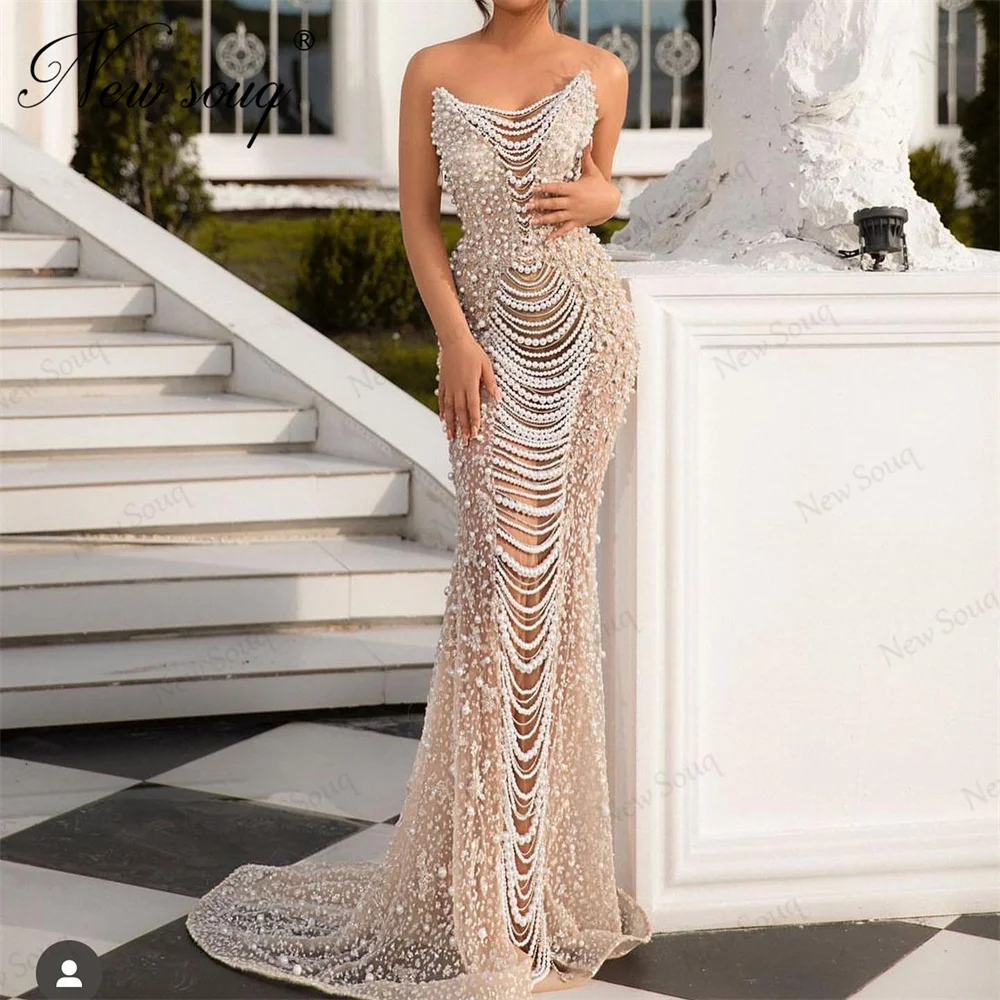 

Heavy Beaded Mermaid Bride Evening Dresses Strapless Champagne Pearls Tassel Wedding Party Dress Dubai Couture Women Prom Gowns