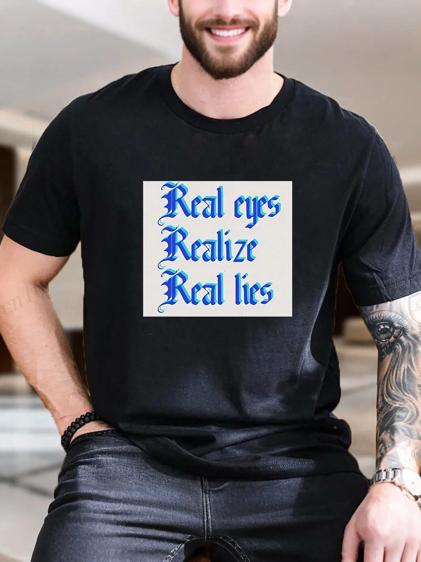 تي شيرت رجالي بأكمام قصيرة مطبوع عليه جرافيك - تي شيرت كاجوال مريح من القطن بنسبة 100% مع عيون حقيقية يرفع الأكاذيب الحقيقية تصميم عصري S