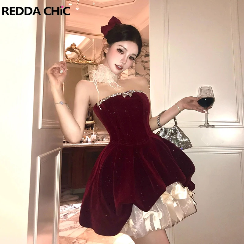 

REDDACHiC Xmas Velvet Party Dress with Petticoat Glitter Bandeau Bow Pleated Puffy Mini Dress Cutecore Princess Birthday Clothes