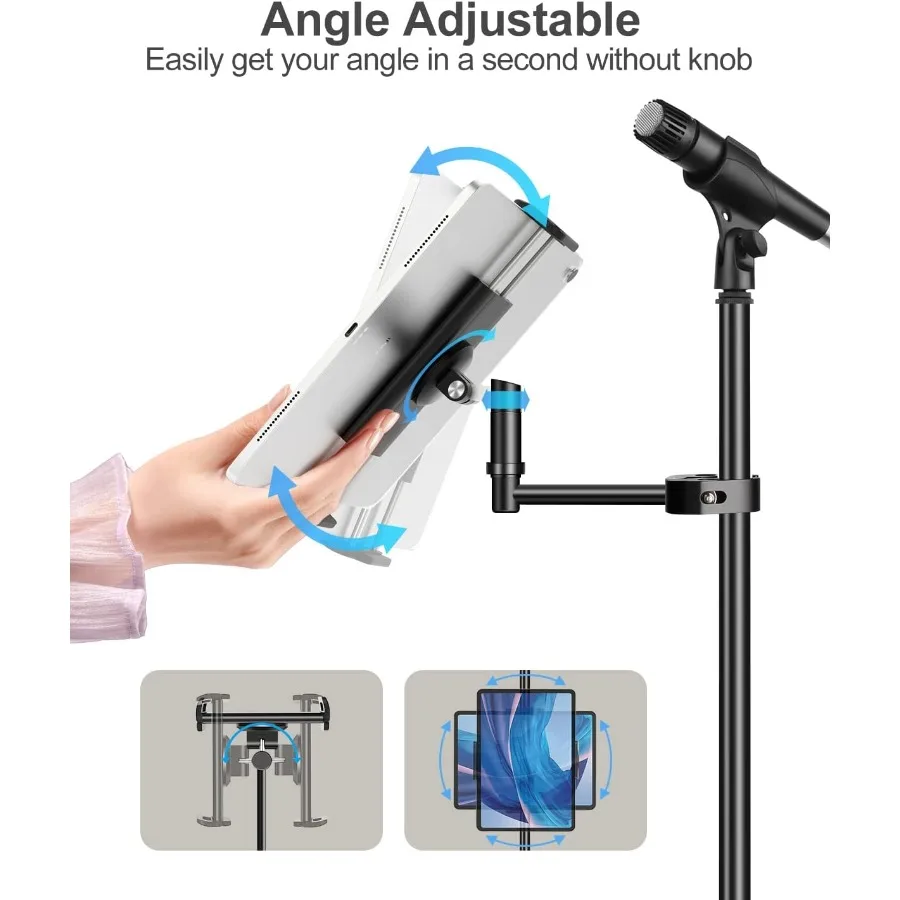 Soporte de aluminio Elitehood para iPad, soporte de micrófono, soporte lateral para iPad, soporte de música para micrófono, inclinación giratoria 360, micrófono ajustable T