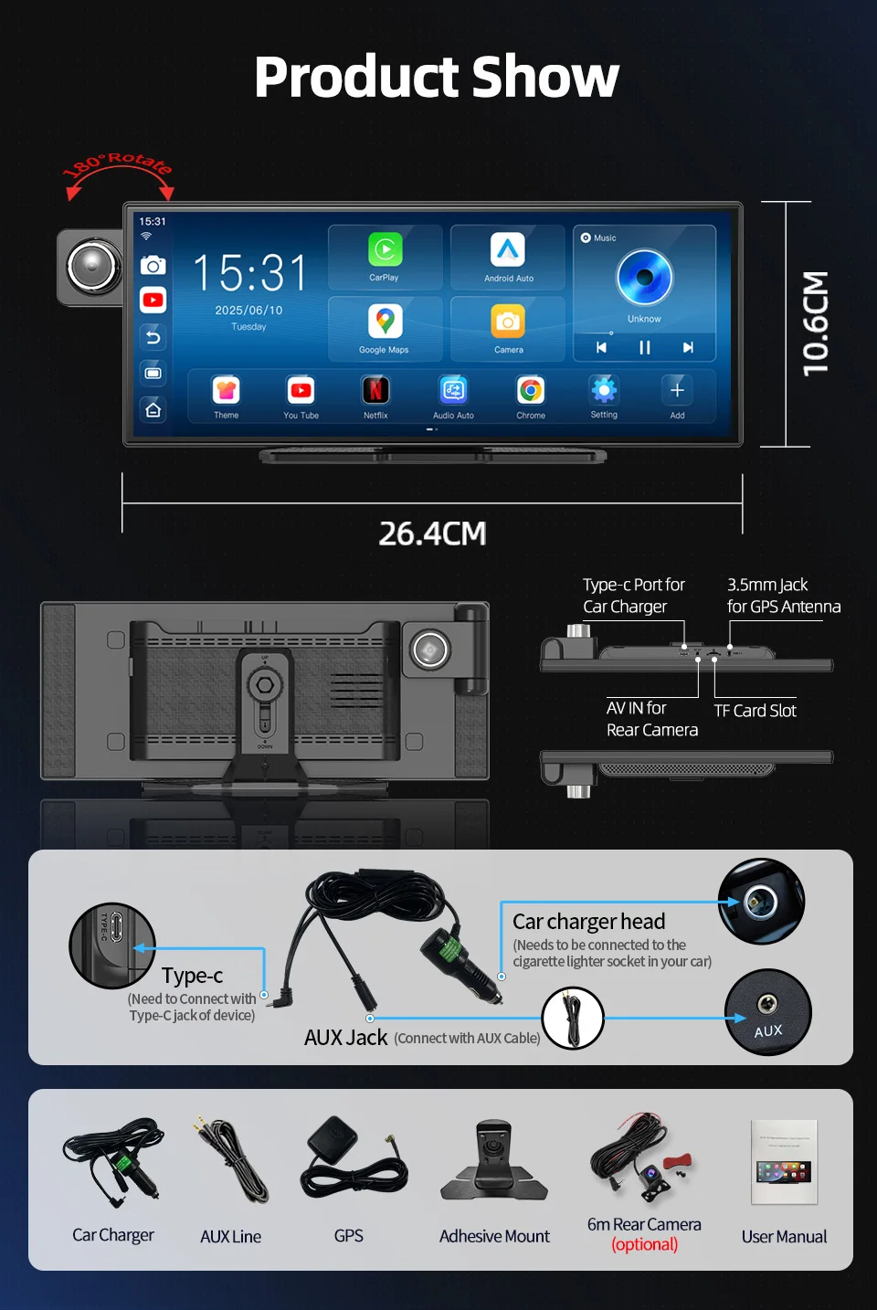 Imagebon W70 Carplay Auto Bildschirm With Rückfahrkamera Wireless Apple Carplay Android Auto Dashcam 11.4" 8 Core Android 14 Sma – Detail 17