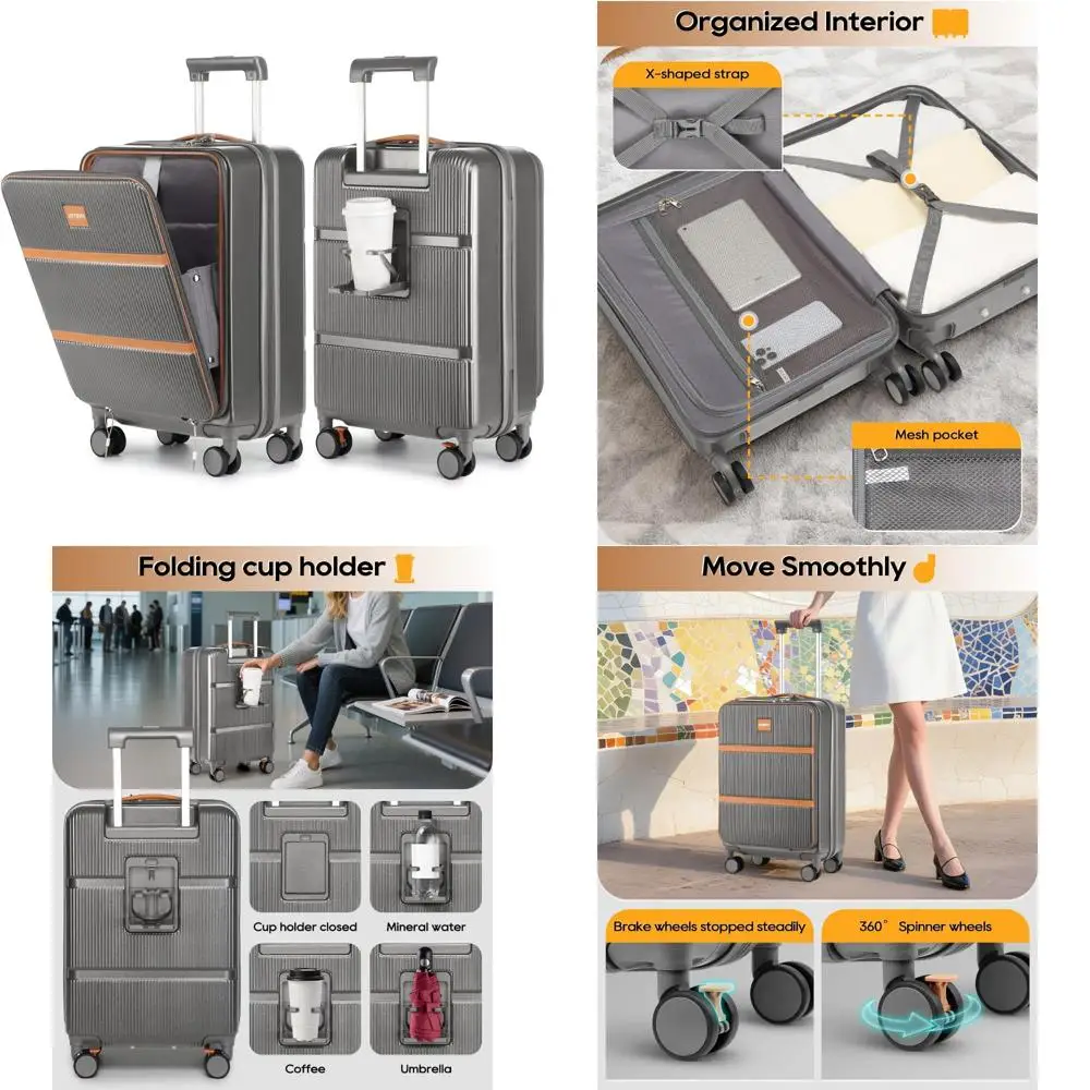 

Схваленый авиакомпанией 20-дюймовый жесткий чемодан для ручной клади с передним карманом и подстаканником, дорожный чемодан для легкой мобильности