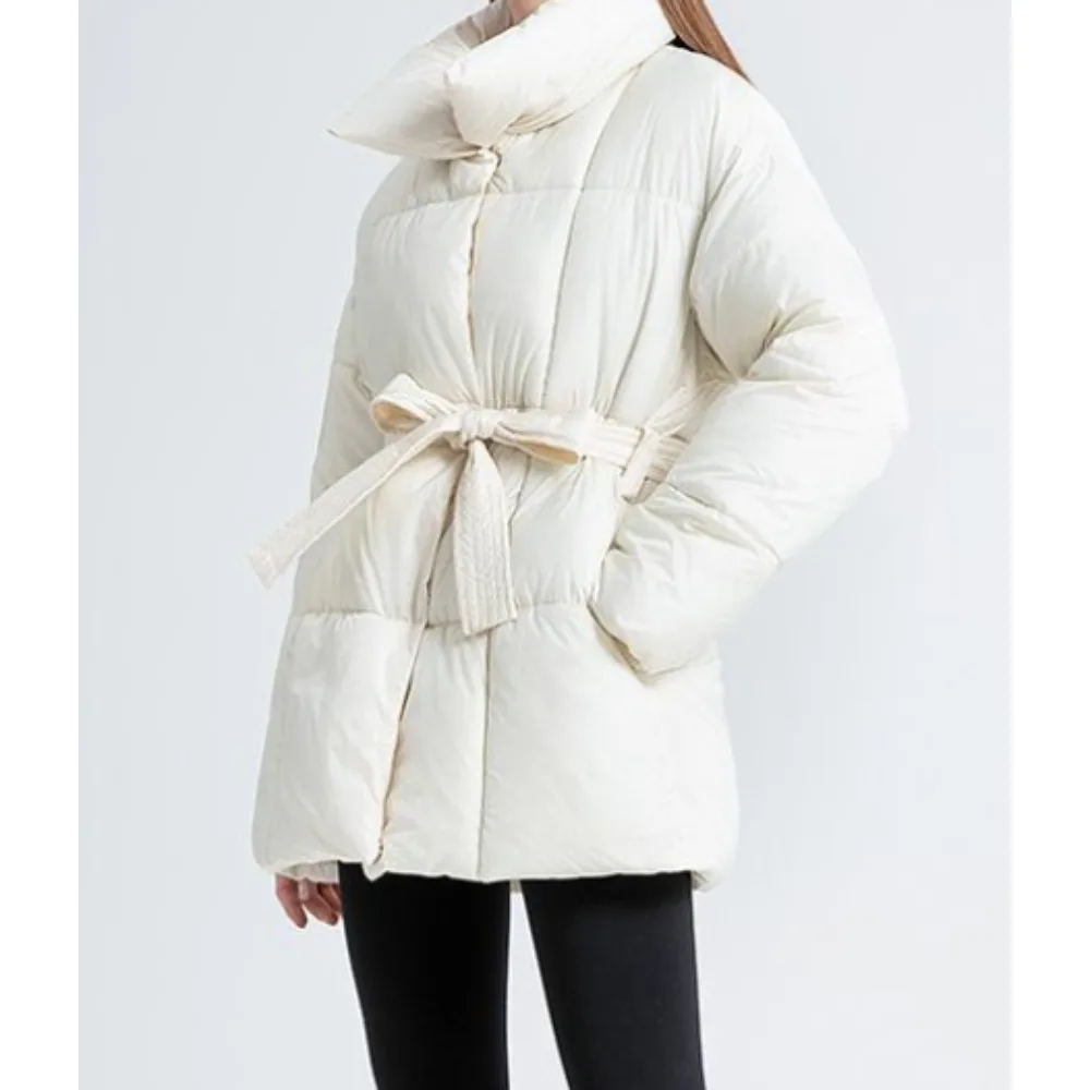 

Cotton Black Stand-up Collar Warm and Fitted Waist Women's Cotton Coat