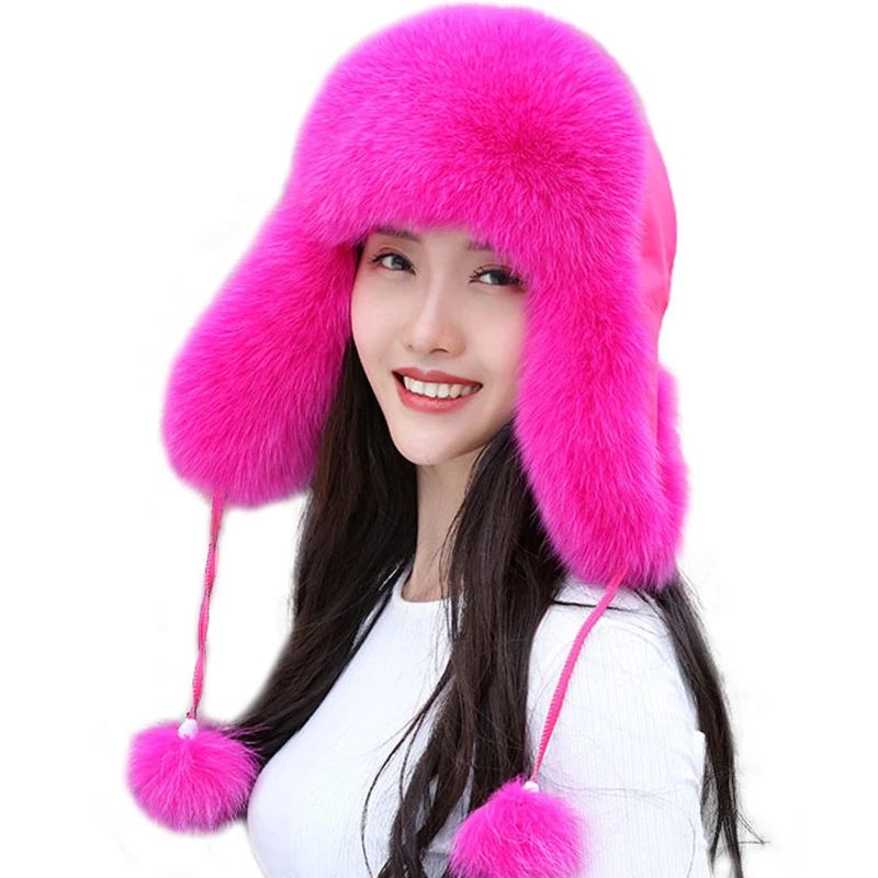 2023 Cap100% Real Fox Fur Women\'s Hats Russian Ushanka Aviator Trapper Snow Ski Hat Earflap Caps Winter Raccoon Fur Bomaber Hat