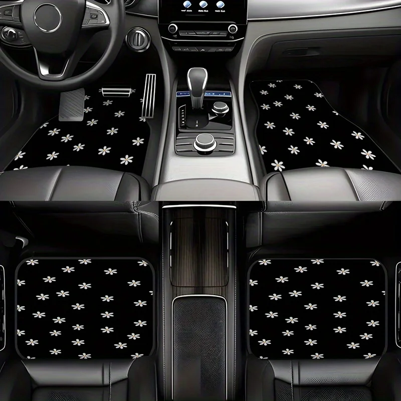 Four-piece Daisy Print Car Mat Set, Suitable For Daily Commutes And Long-distance Travel, Easy To Clean Without Leaving Stains,