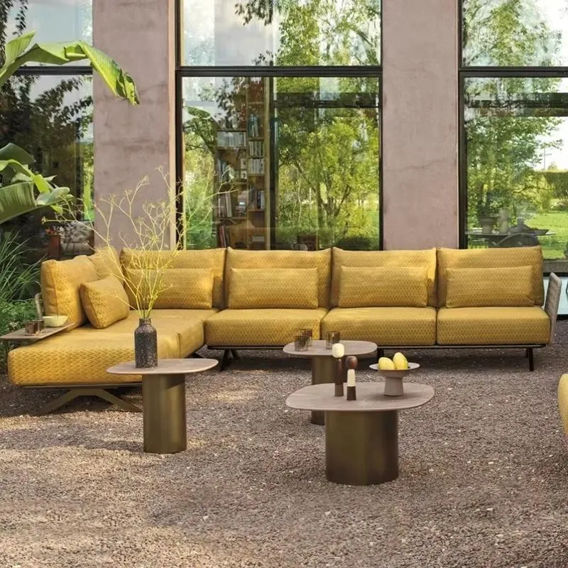for Modular L-shaped outdoor sofa, yellow textured fabric, honeycomb stone coffee table, metal base, backyard garden patio
