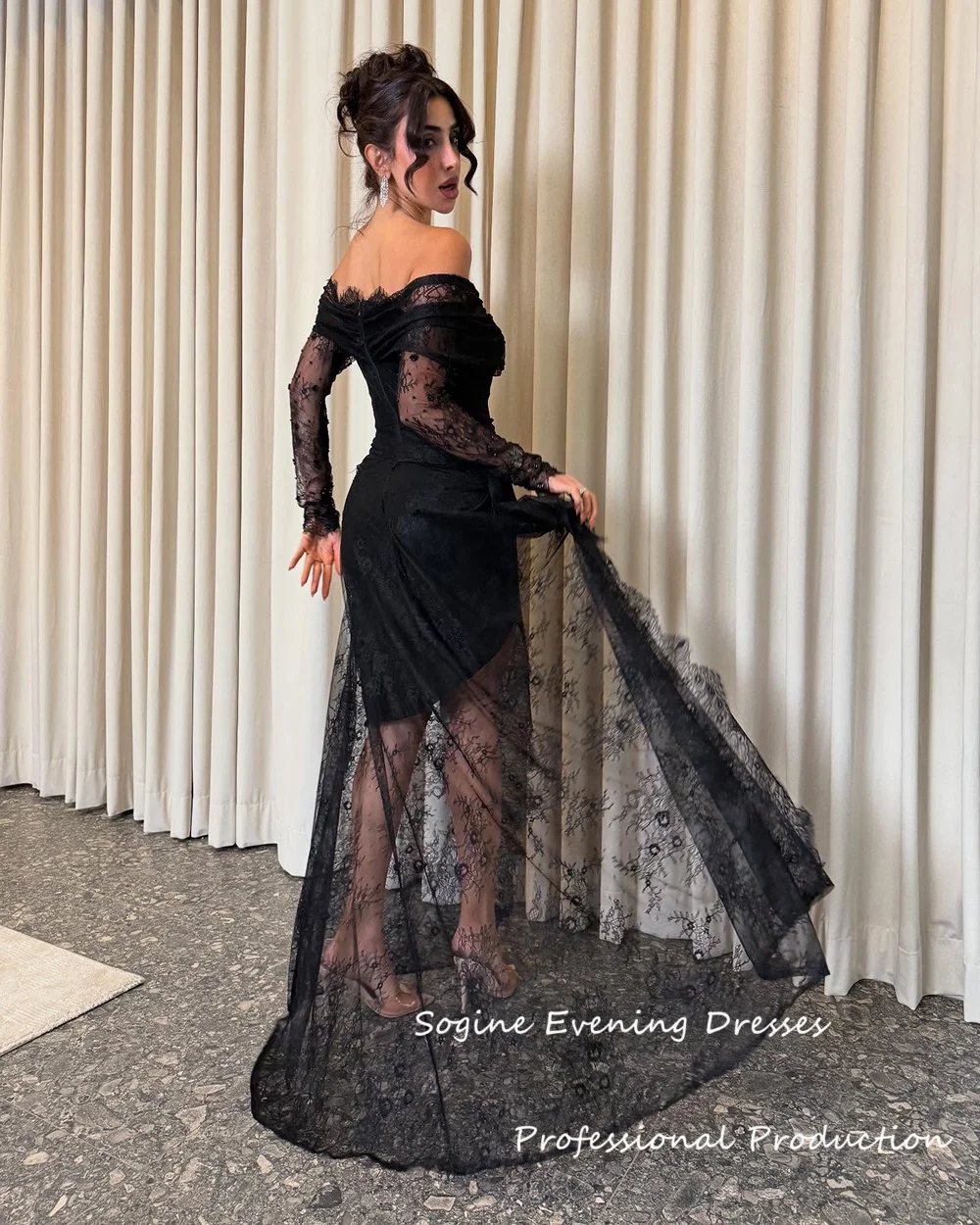 Fora do ombro rendas vestidos de cocktail para mulheres sexy 3/4 manga vestido de noite com fenda império cintura sereia longo vestido formal