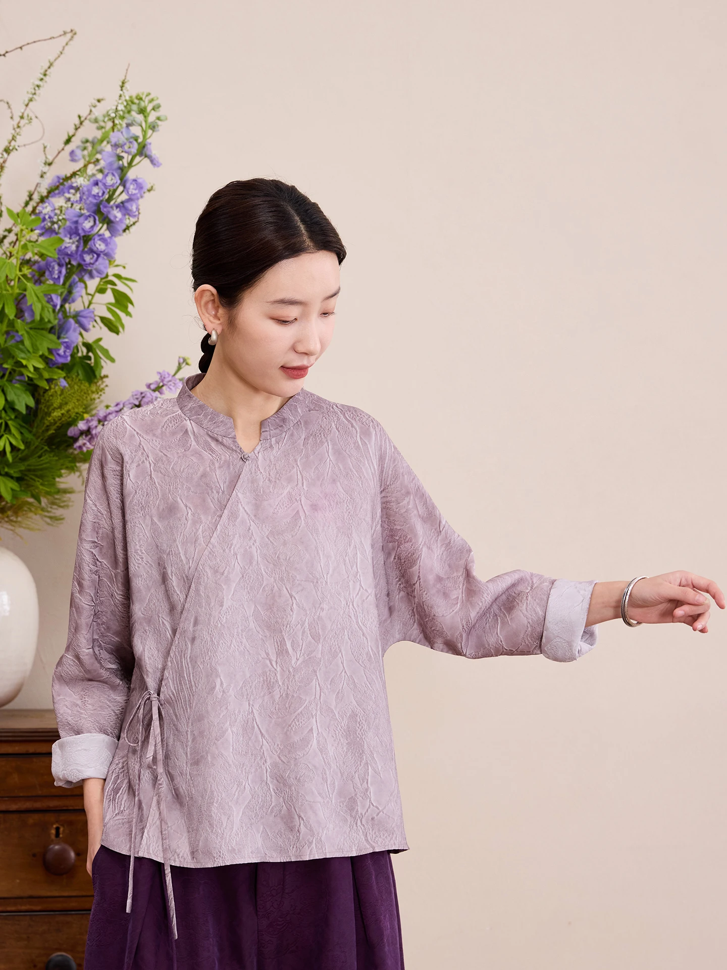 

Purple Frost Original Ele High Class Silk Blend Precious Embroidery Asymmetrical Sve Long irt for Women