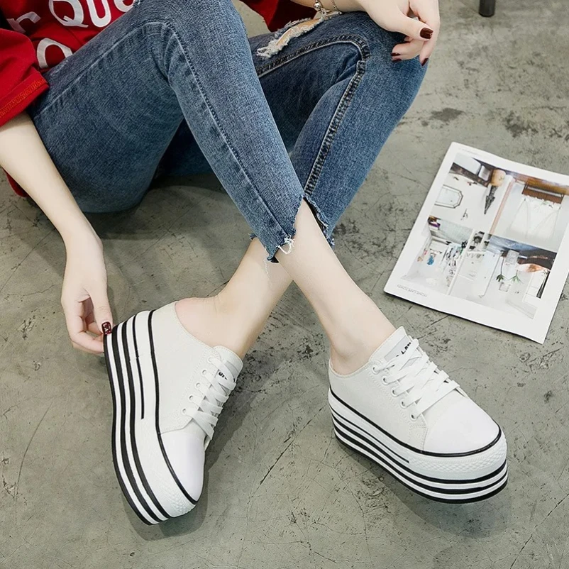 

Повседневная обувь на весну и лето 2023, 8,5 см, женская модная дышащая парусиновая женская обувь на платформе со шнуровкой и круглой головкой