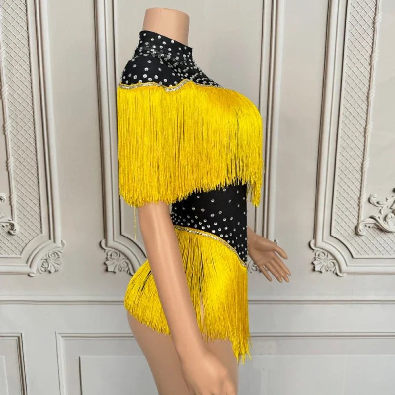 Drag Queen Clothes Sexy Gogo Costume Yellow Fringed Rhinestones Bodysuit Women Nightclub Ds Dj Party Outift Rave Wear