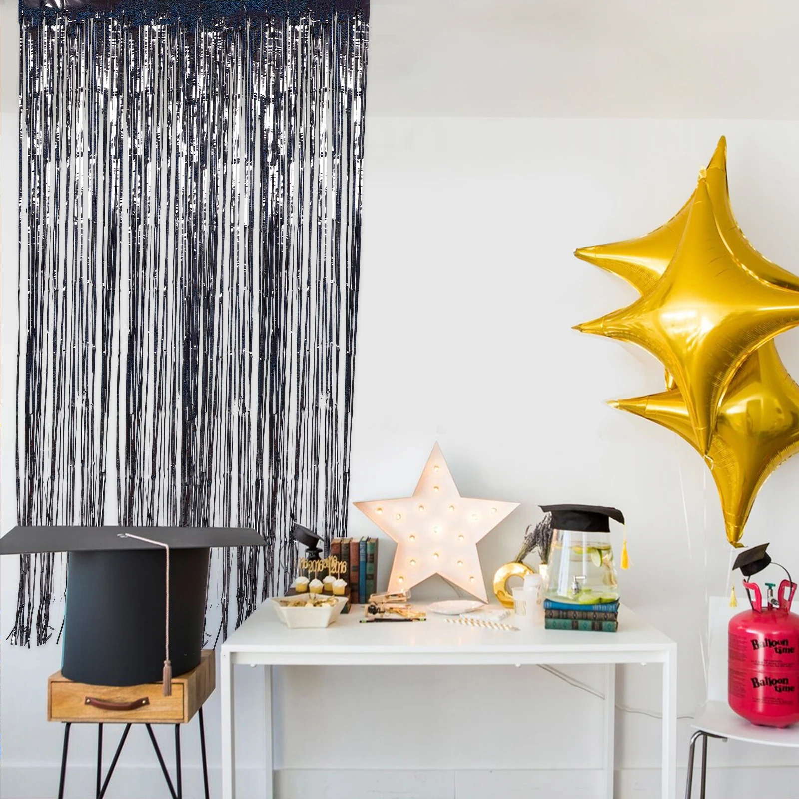 

2pcs Fringe Curtains Party Backdrop Decorations Gold Black Pet Material Lightweight For Wedding Birthday Festival Events