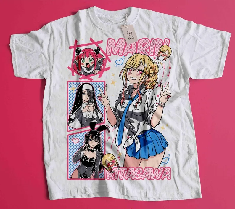 My Dress-Up Darling Marin Kitagawa Multi-Outfit Anime Graphic T-Shirt – Manga-Style Character Print Cotton Apparel for Anime