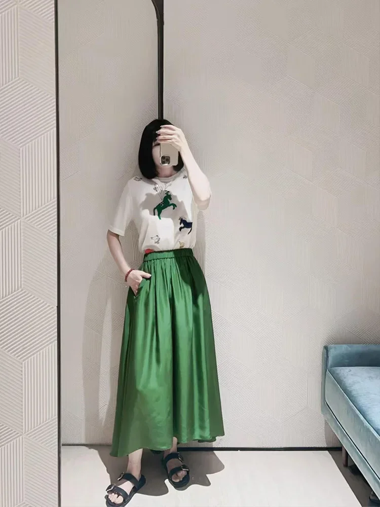 

Women Fashion Short Front and Long Back Swing Mid-length Skirts Green Silk Elastic Waist Skirt for summer