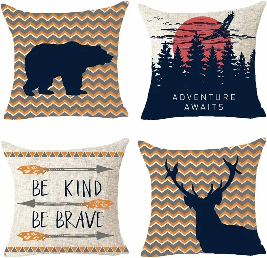 Bear deer forest geometric pillow linen decorative home office throw pillow cover sofa cushion cover  pillowcase 50*50 decor