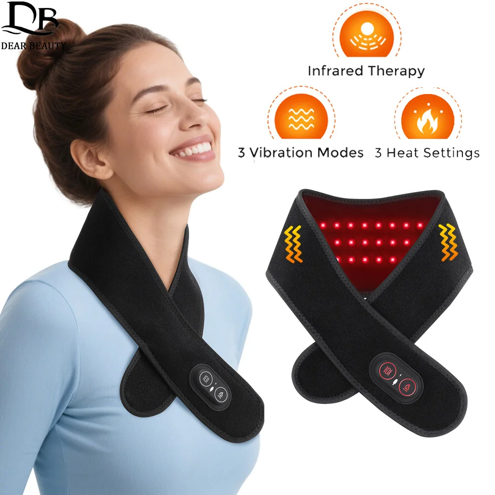 

Cordless Heated Neck Wrap 660-850nm Infrared Red Light Therapy Vibration Cervical Neck Massager For Stiffness Soreness Relief