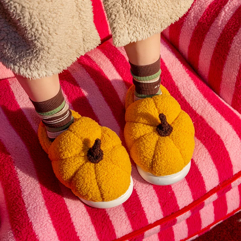 Wintermode, niedlich, lustig, kreativ, kürbisförmige Plüsch-Hausschuhe für Zuhause, Wärme, Entspannung im Freien, für Paare, Baumwollschuhe – Detail 9