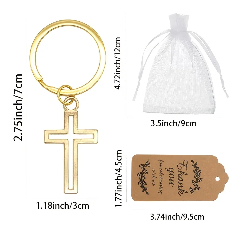 12/24/40 Sets christliche Kreuz-Schlüsselanhänger mit Karten und Mullbeuteln für Taufe, Kirche, Geburtstag, Hochzeit, Gastgeschenke – Detail 3