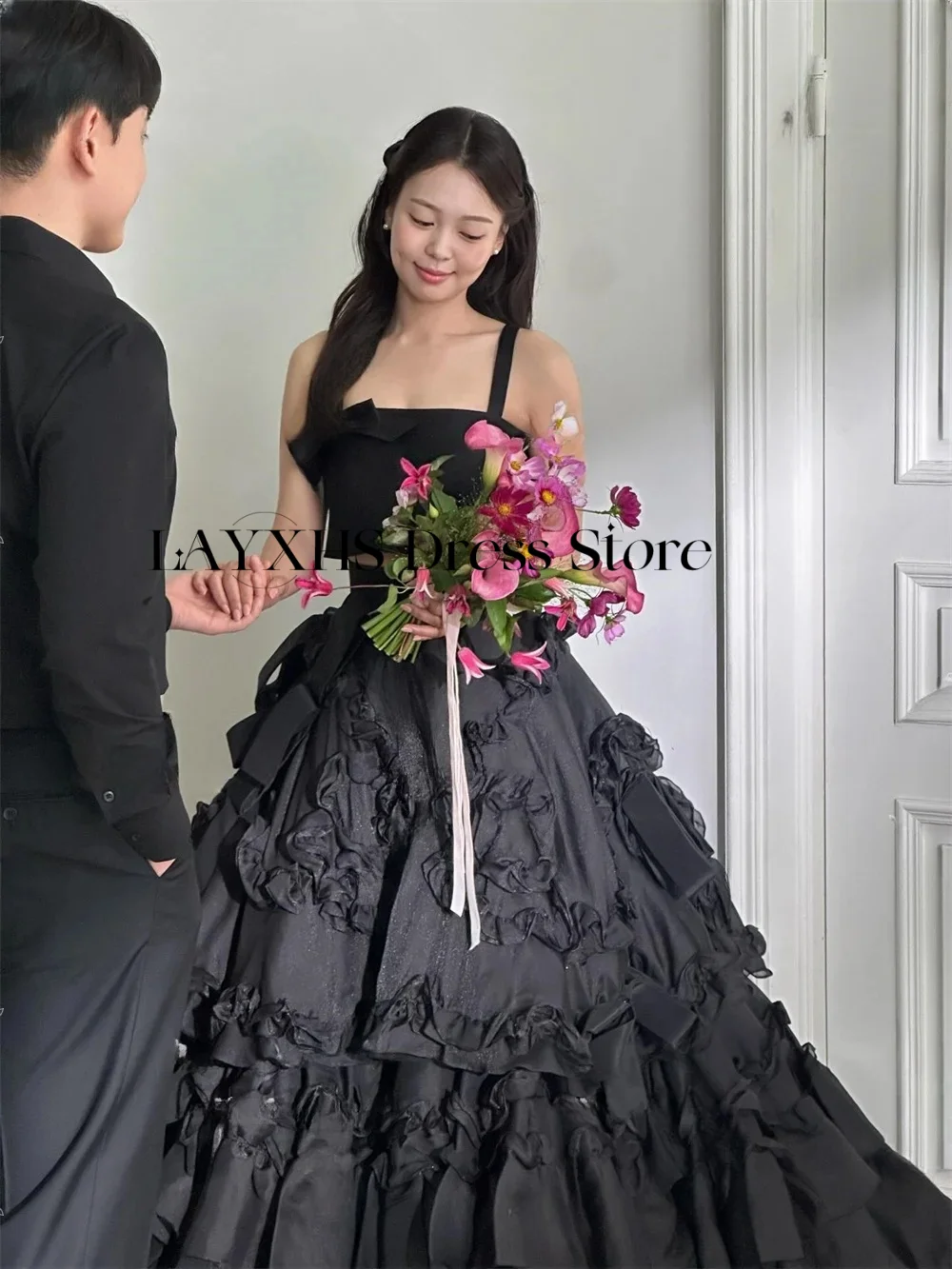 2Pcs Square Collar Black Korean Wedding Dress A-line 3D Flowers Satin Strap Outdoor Photo Shoot Evening Party Dress Customized