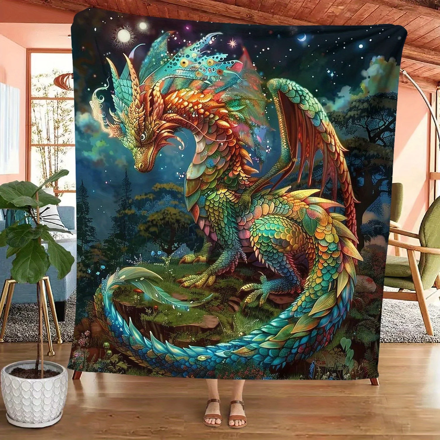 Cozy Colorful Dragon Flannel Throw Blanket - Soft, Warm, and