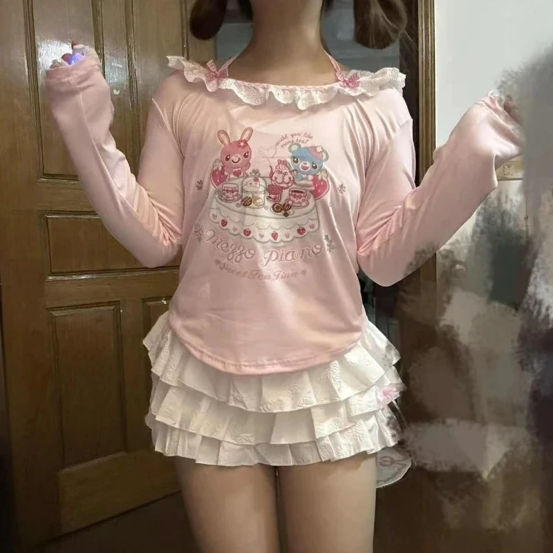 Summer Japanese Sweet Y2k Harajuku T Shirts Women Cute Fake Two Long Sleeve Tees Fashion Anime Print Crop Tops Tunic Tops New