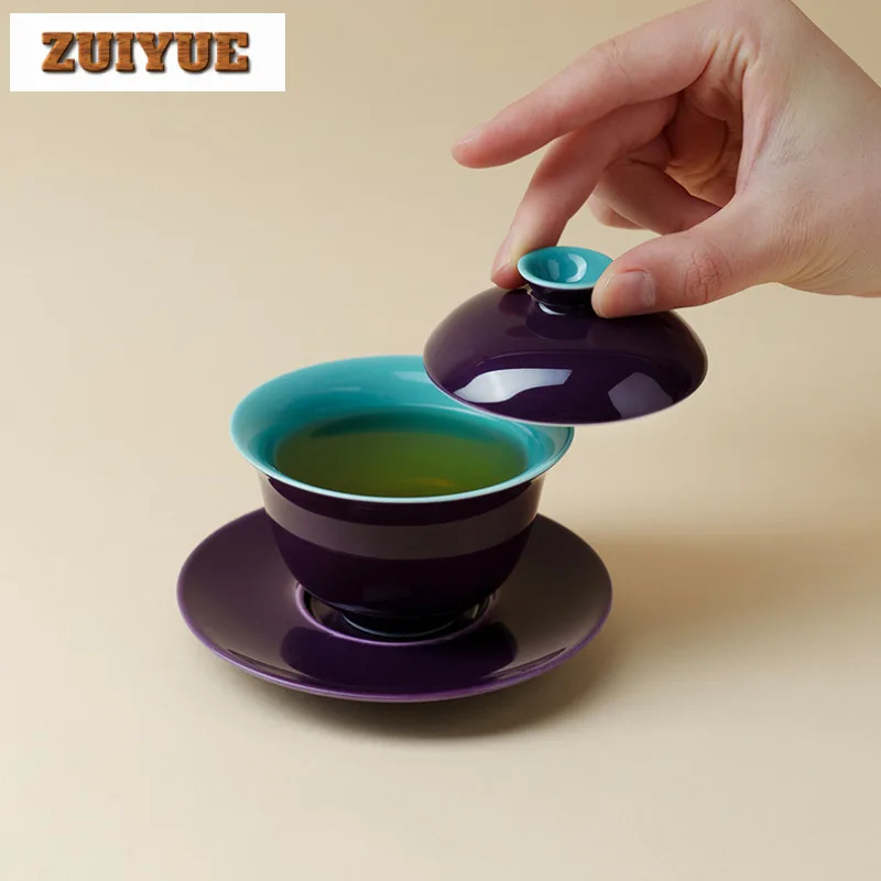115ml Grape Purple Solid Color Gaiwan Ancient Tea Tureen Tea Bowl With Lid Kit Tea Brewing Cover Bowl Tea Ceremony Ornaments