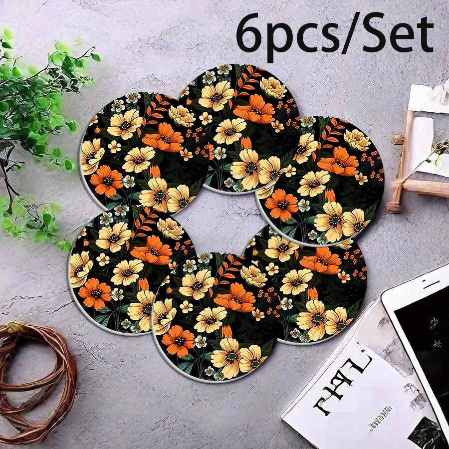 6pcs Floral Car Coasters, Suitable for Home Dining Tables, Water Cups, And As Decorations And Gifts for Holidays / Celebrations