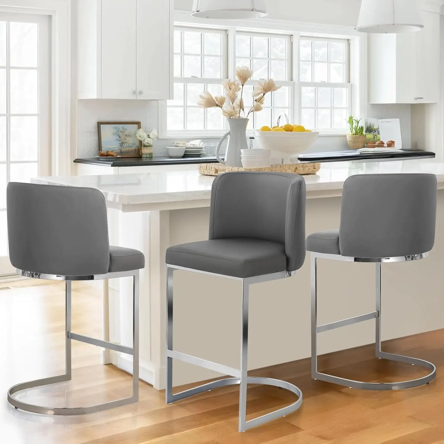 Counter Height Bar Stools Set of 3, Modern 26" Counter Stools with Back & C-Shaped Metal Frame, Upholstered Faux Leather Bar Cha