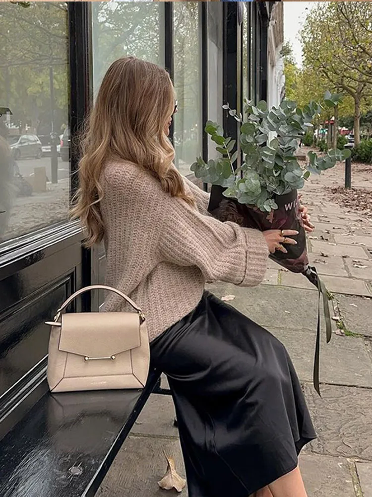 Elegant Solid Soft Knitted Pullover Women New Half-neck Long Sleeves Oversize Sweaters Autumn Warm Lady High Street Knitwear 