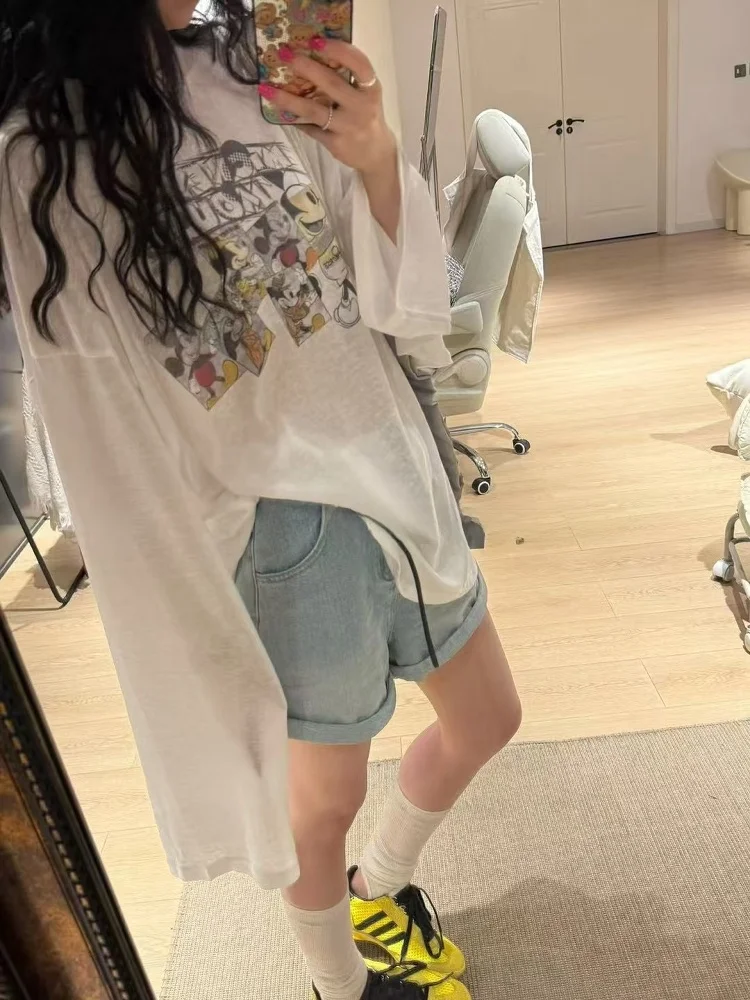 루즈핏 여성용 긴팔 티셔츠 여름 신상 한국 스타일 동대문 만화 프린트 자외선 차단 상의