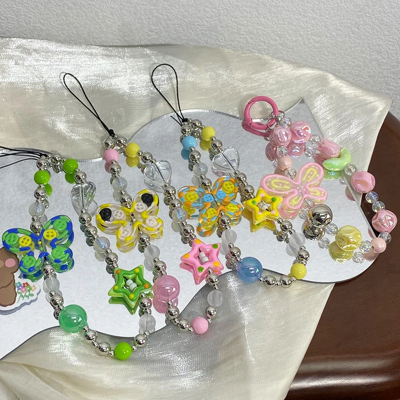 Cute Colorful Hand-painted Butterfly Beaded Mobile Phone Chain Lanyard Y2K Sweet Cool Keychain Bag Pendant Hanging Ornament Gift