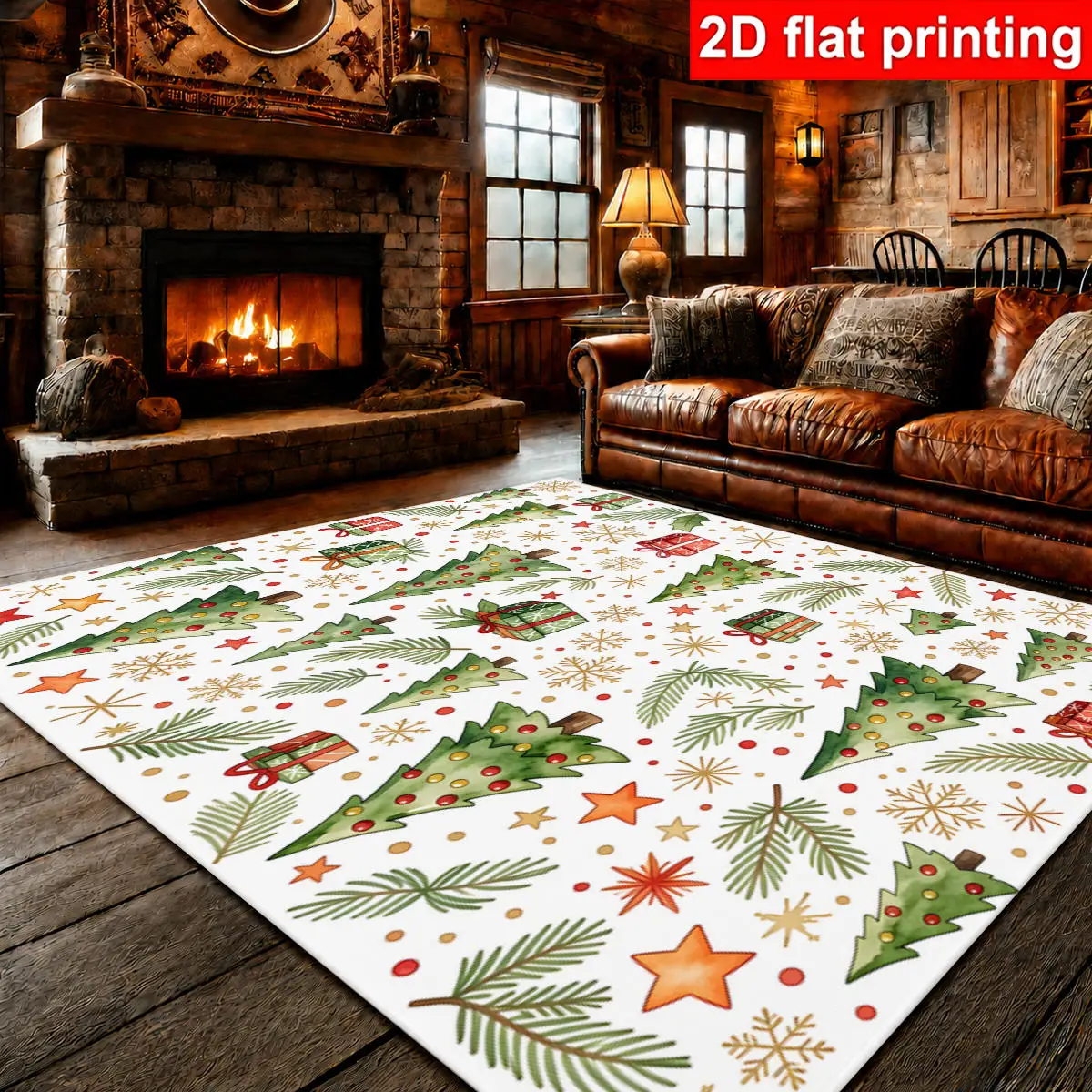 1pc Large Themed Area Rug with Trees,Gift Boxes,Snowflakes, Pine Branches and Stars,Festive Home Decor for Living Room & Bedroom