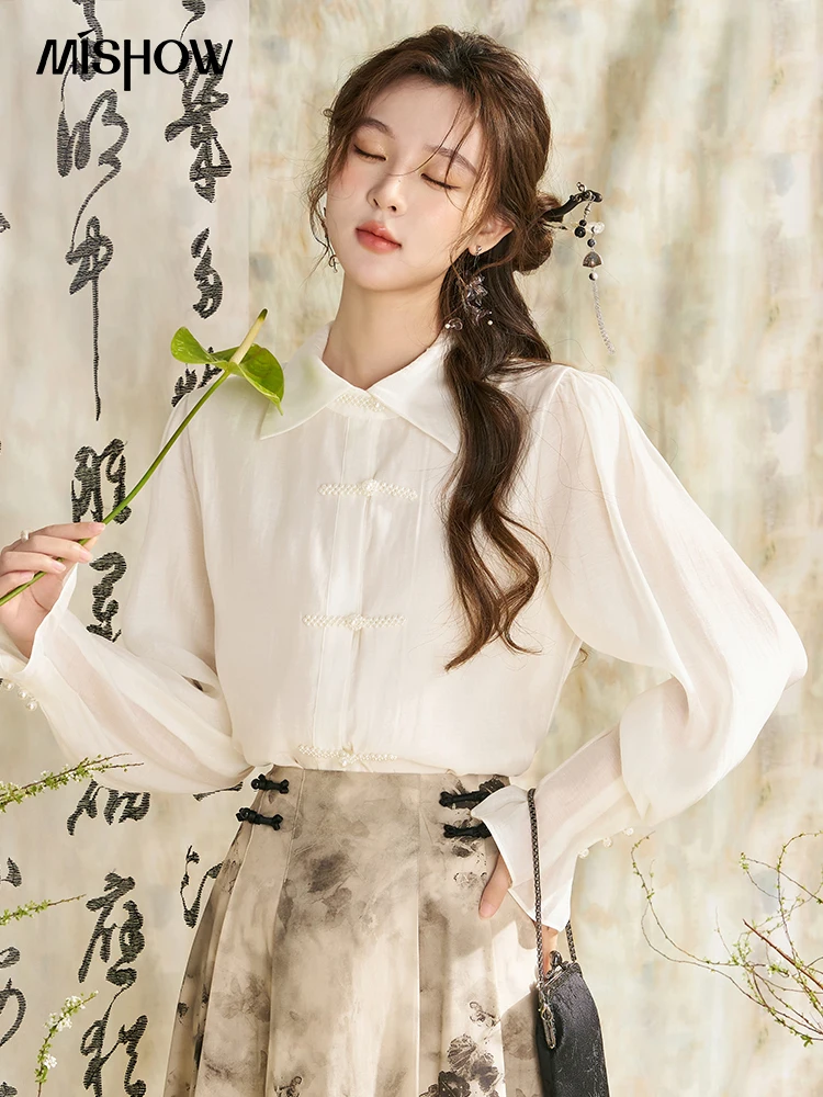 MISHOW Chinese Style Lapel Shirt 2024 Spring Retro Button Pearl Embellishments Folded Cuffs Petal Sleeve Loose Top MXD11X1344