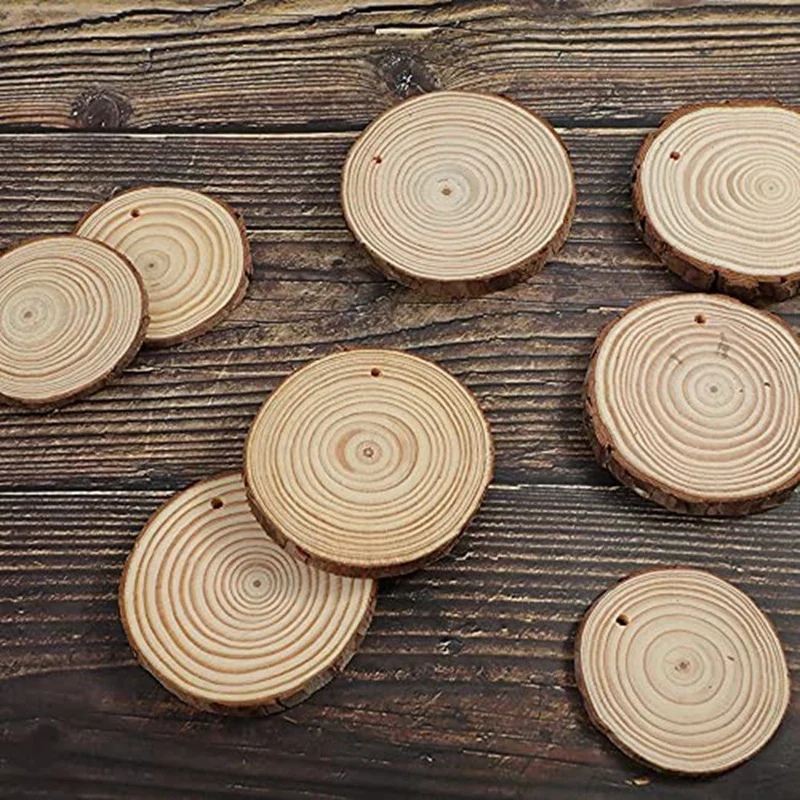 Natural Wood Chips Unfinished DIY Handicraft Pre-Drilled Round Wooden Circle Art Country Wood Chip Decoration-A