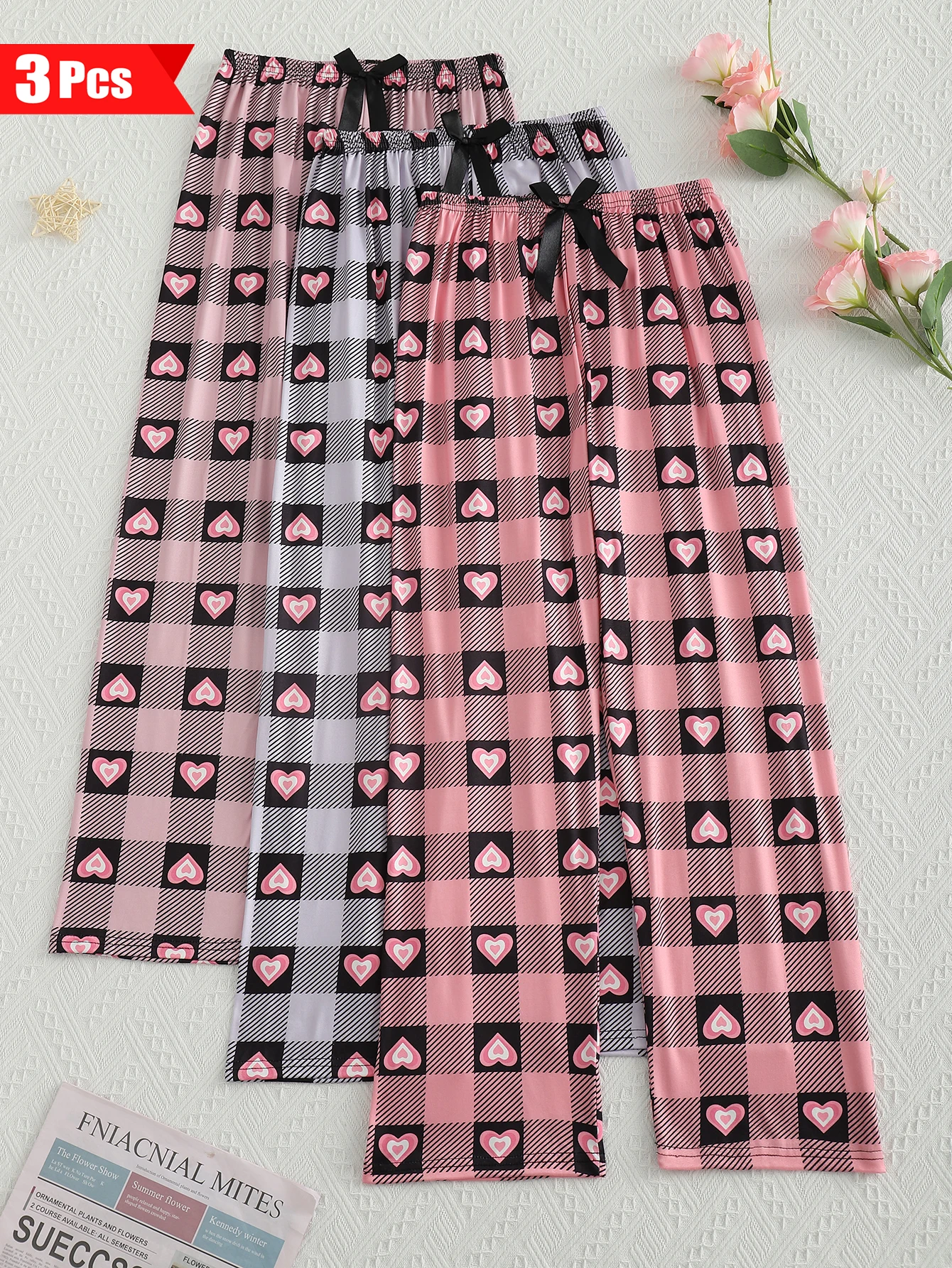 

3pcs ladies four seasons four color love checkered pajama pants black bow decoration skin friendly comfortable breathable