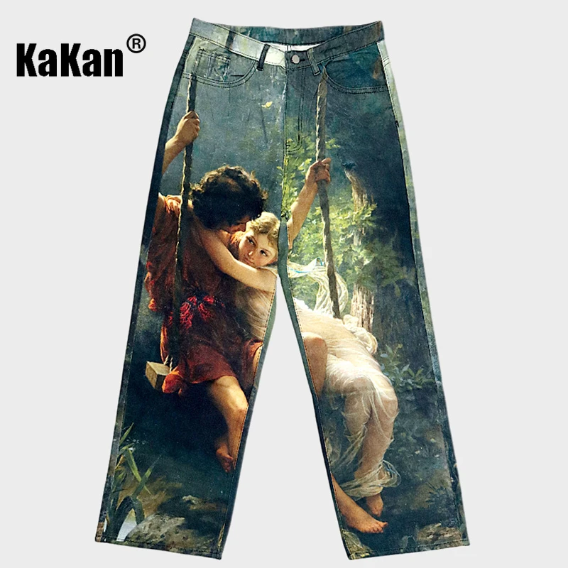 

Kakan-y2k Новые мужские джинсы с принтом, мешковатые джинсы AC Style Джинсы с 3D цифровым принтом