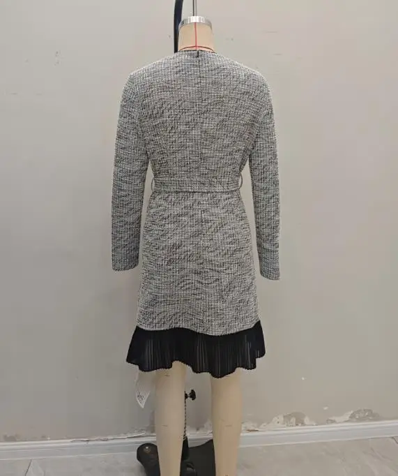 Womens Dresses 2026 New Spring Autumn Solid Color Round Neck Long Sleeved Patchwork Pleats Casual Loose Knitted Midi Dress