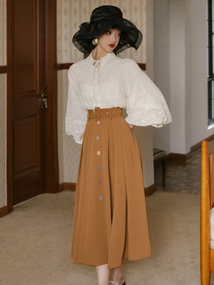 French Fashion Two Piece Skirt Set Women Spring Autumn Shirt and Long Skirts With Belt Outfits