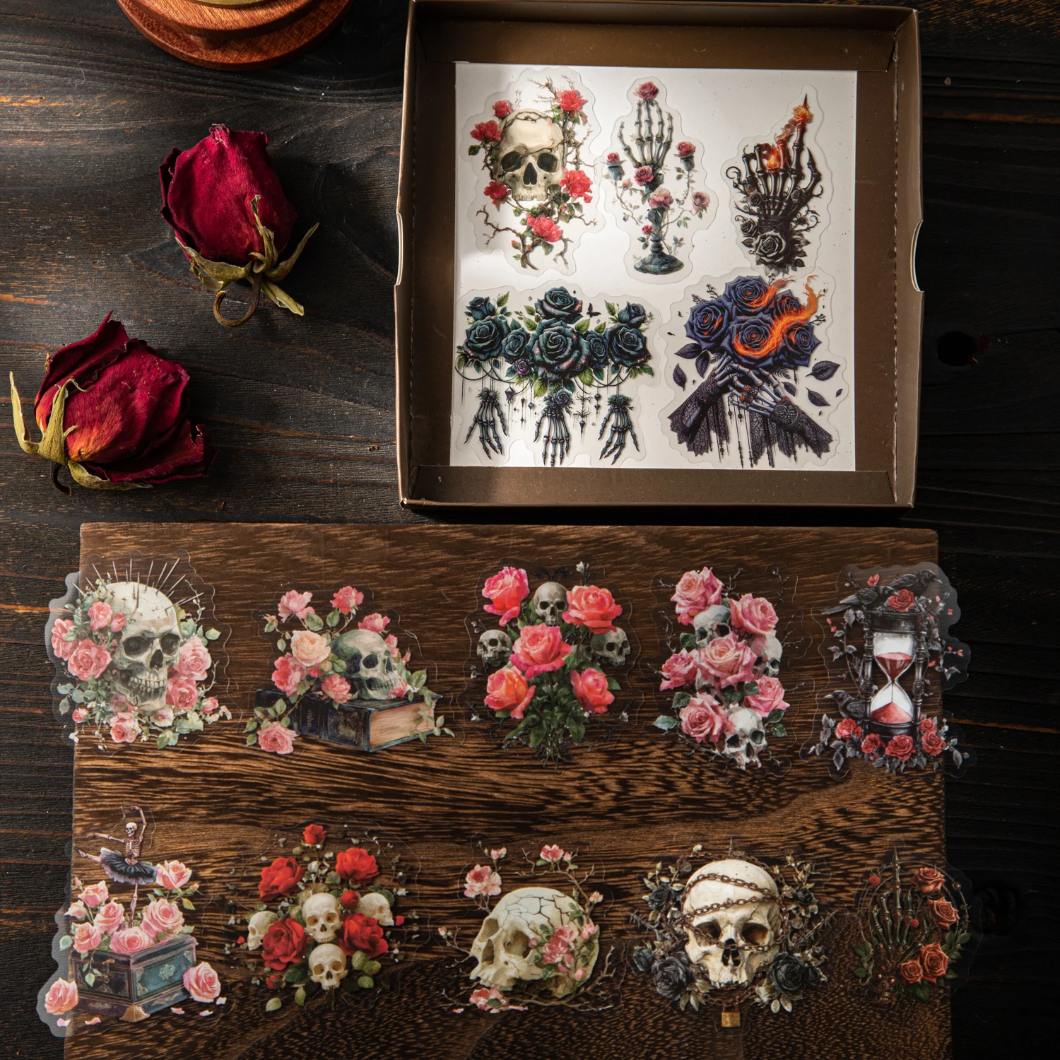 30 Sheets/Bag Dark Gothic Horror Rose Themed PET Sticker Pack for DIY Scrapbook Phone Case Notebook Decoration Craft