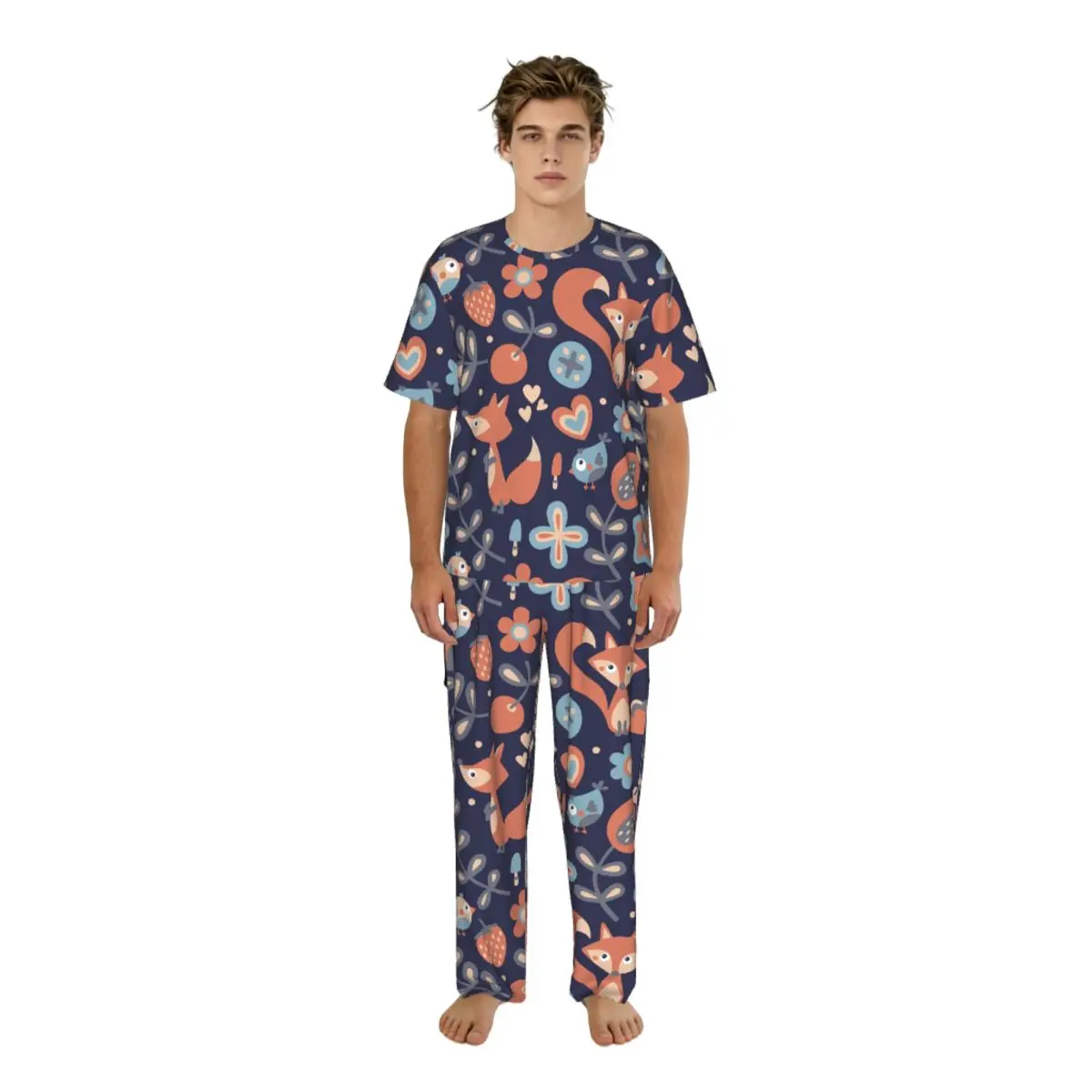 

Men's Casual Pajamas Sets Short Sleeve and Pants Sets Male Sleepwear Cute Flowers Fox Birds Plants Strawberry Home Clothes