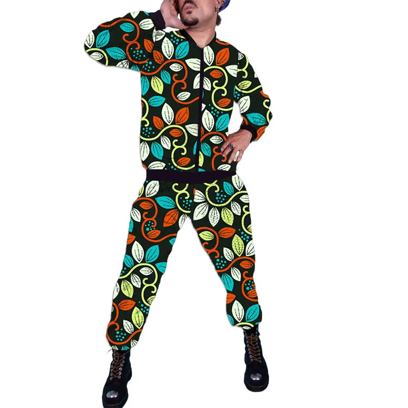 طقم بدلة رياضية رجالي مطبوع عليه شمع سترة بسحاب بنمط عرقي عتيق وسراويل مدببة أزياء أفريقية لمحبي الموضة
