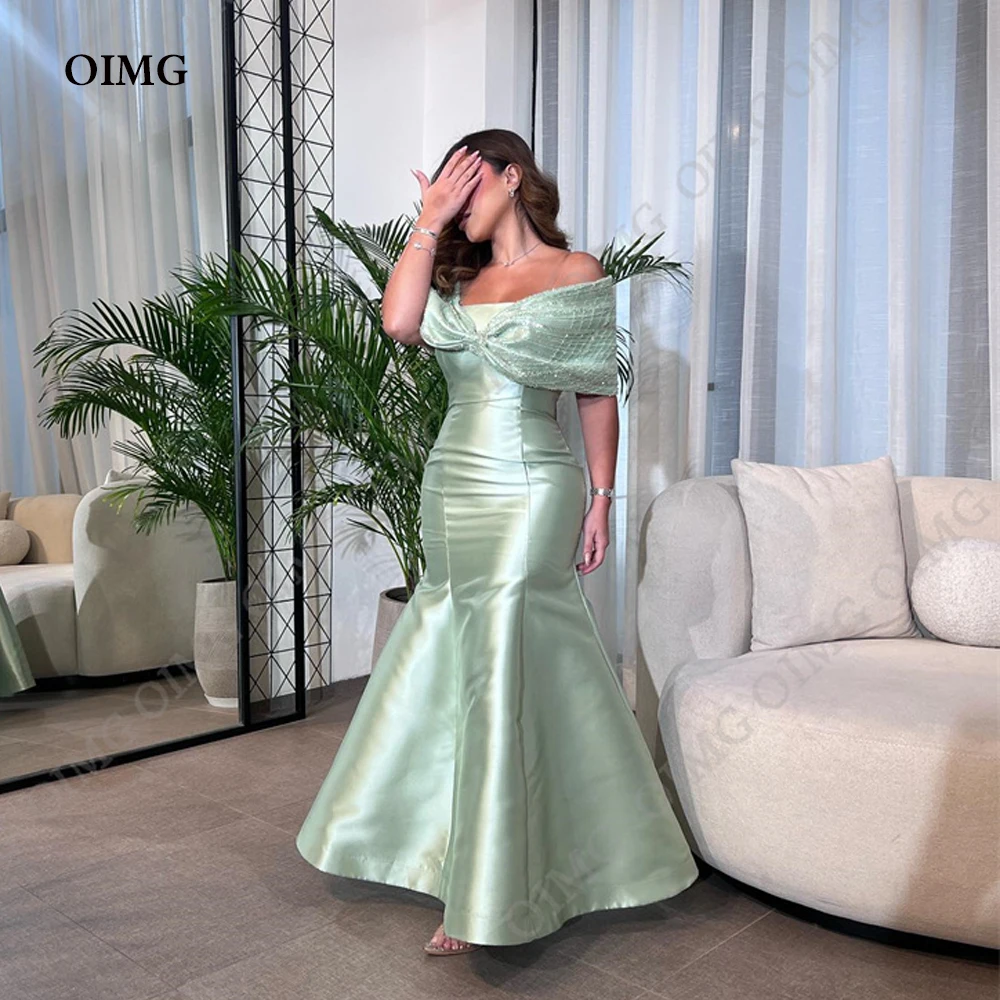 

OIMG Green Long Glitter Sequin Satin Arabic Evening Dresses Mermaid Dubai Women Queen Formal Night Prom Gowns Party Dress