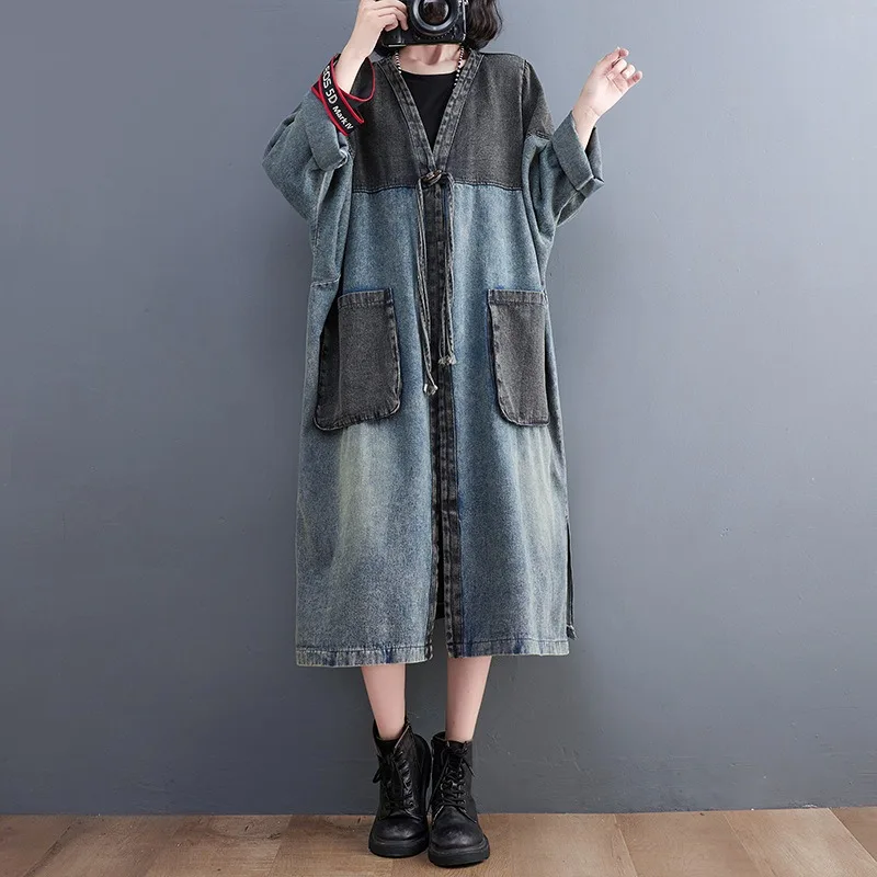New Women's Contrasting Color Splicing V-neck Denim Jacket Spring Autumn Long Basic Jacket Female Loose Denim Trench Coat