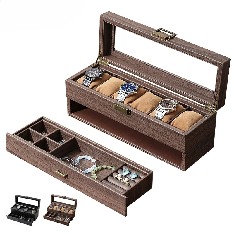 

Retro Vintage PU Leather Double Layer 6 Slots Watch Multifunctional Storage Case Box Jewelry Carbon Fiber PU Watch Jewelry Box