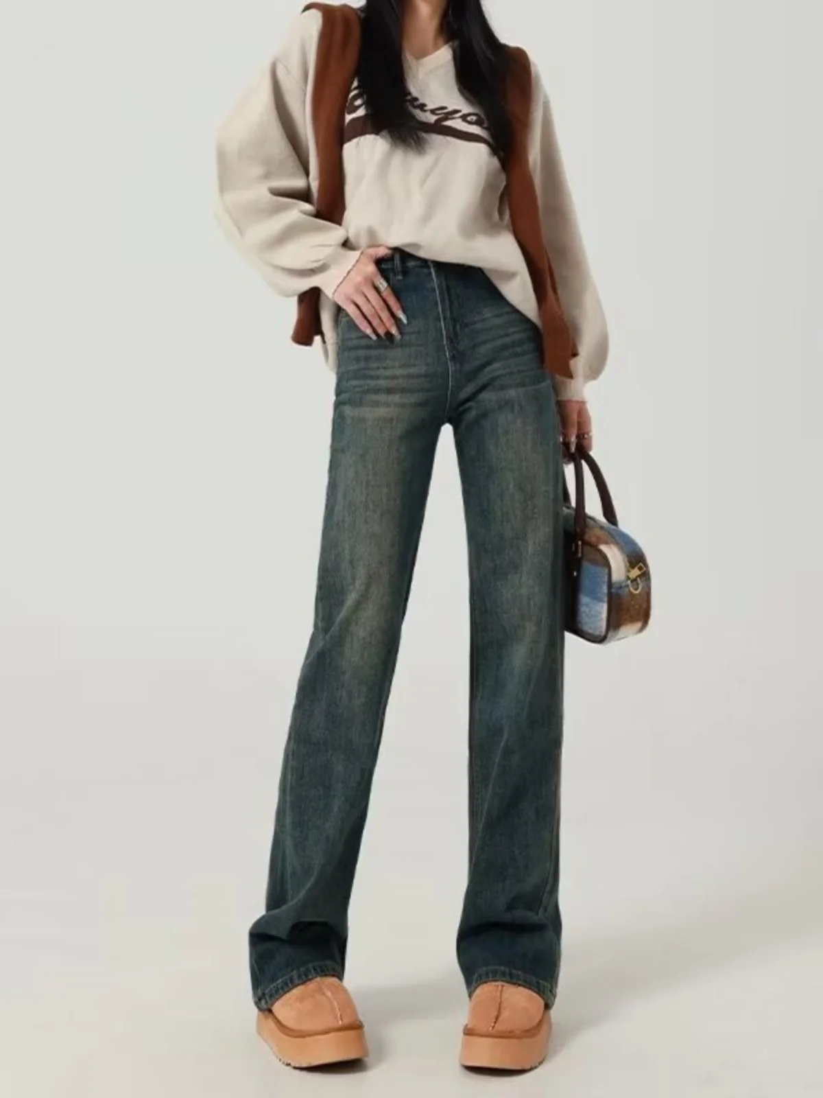 

Джинсы женские прямые с высокой талией, весна-осень, свободные, стройнящие, повседневные, широкие брюки в пол