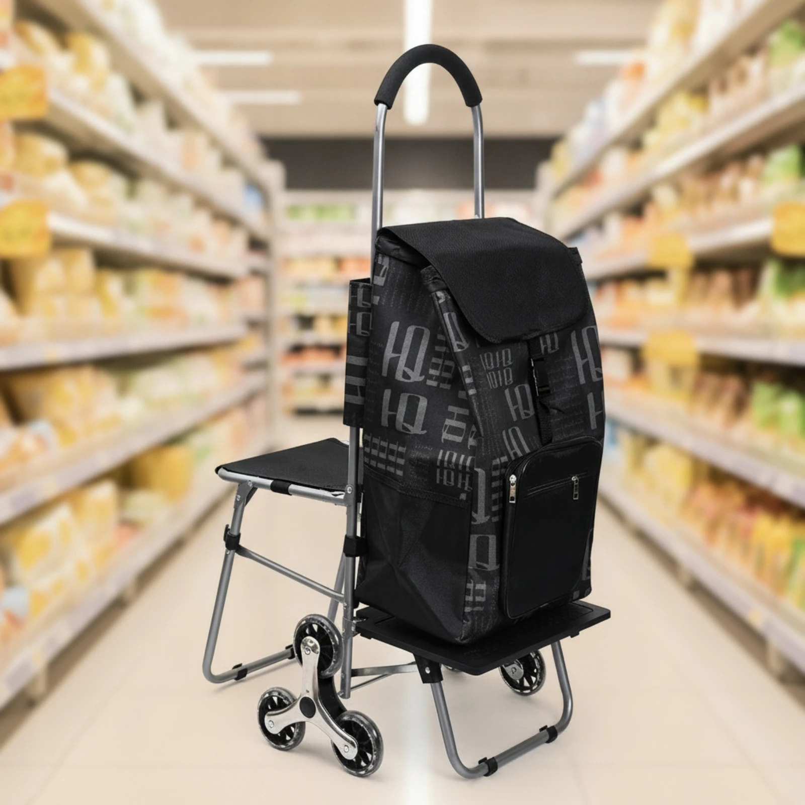 Shopping Cart with Seat Collapsible Shopping Cart with Tri-Wheel Design Portable Multi-Functional for Seniors, Supermarket