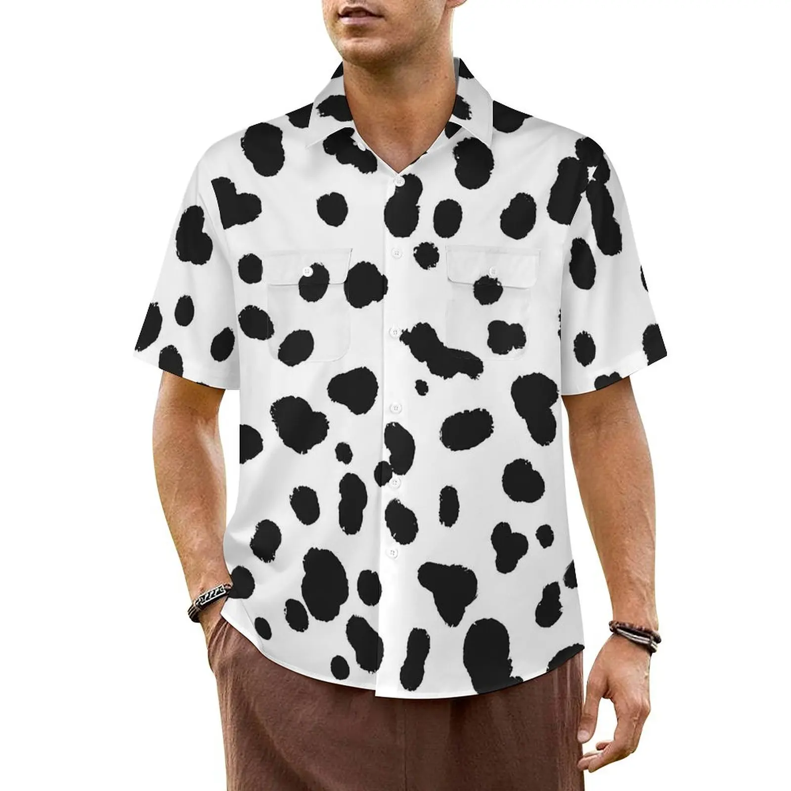 

Hawaii Shirt Vacation Dalmatian Blouses Black White Spots Loose Casual Shirts Men Short Sleeve Street Style Oversized Clothing