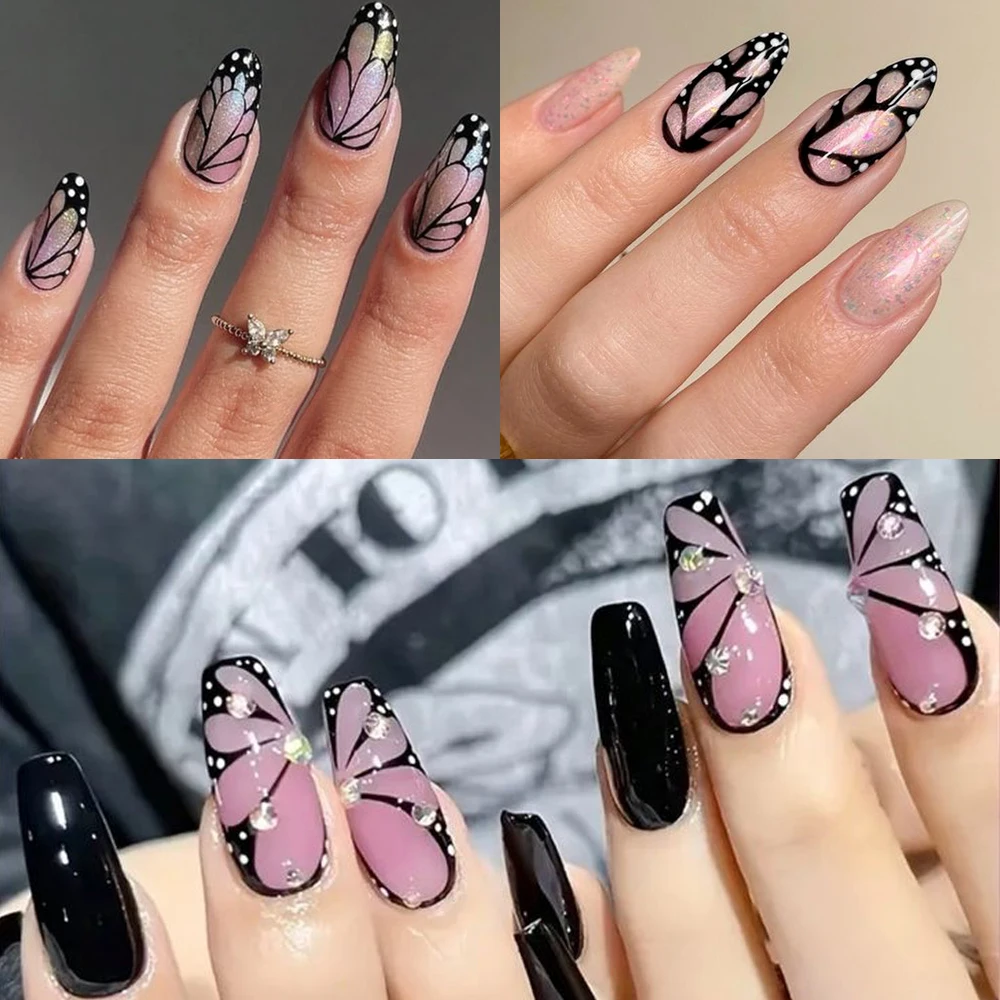 1 pièces superbes ailes de papillon noires autocollants pour ongles modèles d'ongles de printemps élégants 5D feuilles auto-adhésives décalcomanies bricolage décors d'art d'ongle *